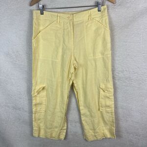 Chicos Womens Capri Cargo Pants Sz 1 Yellow 100% Linen Summer Beach Cruise Crops